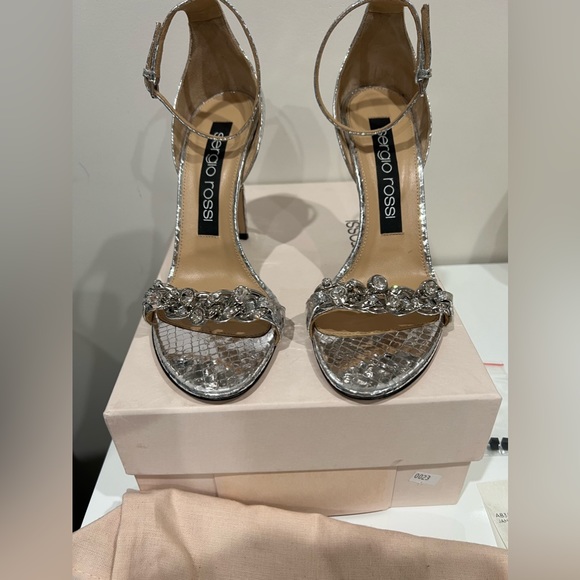Silver Sergio Rossi chain heel sandals with Python print ankle tie heel sandals - Picture 12 of 13